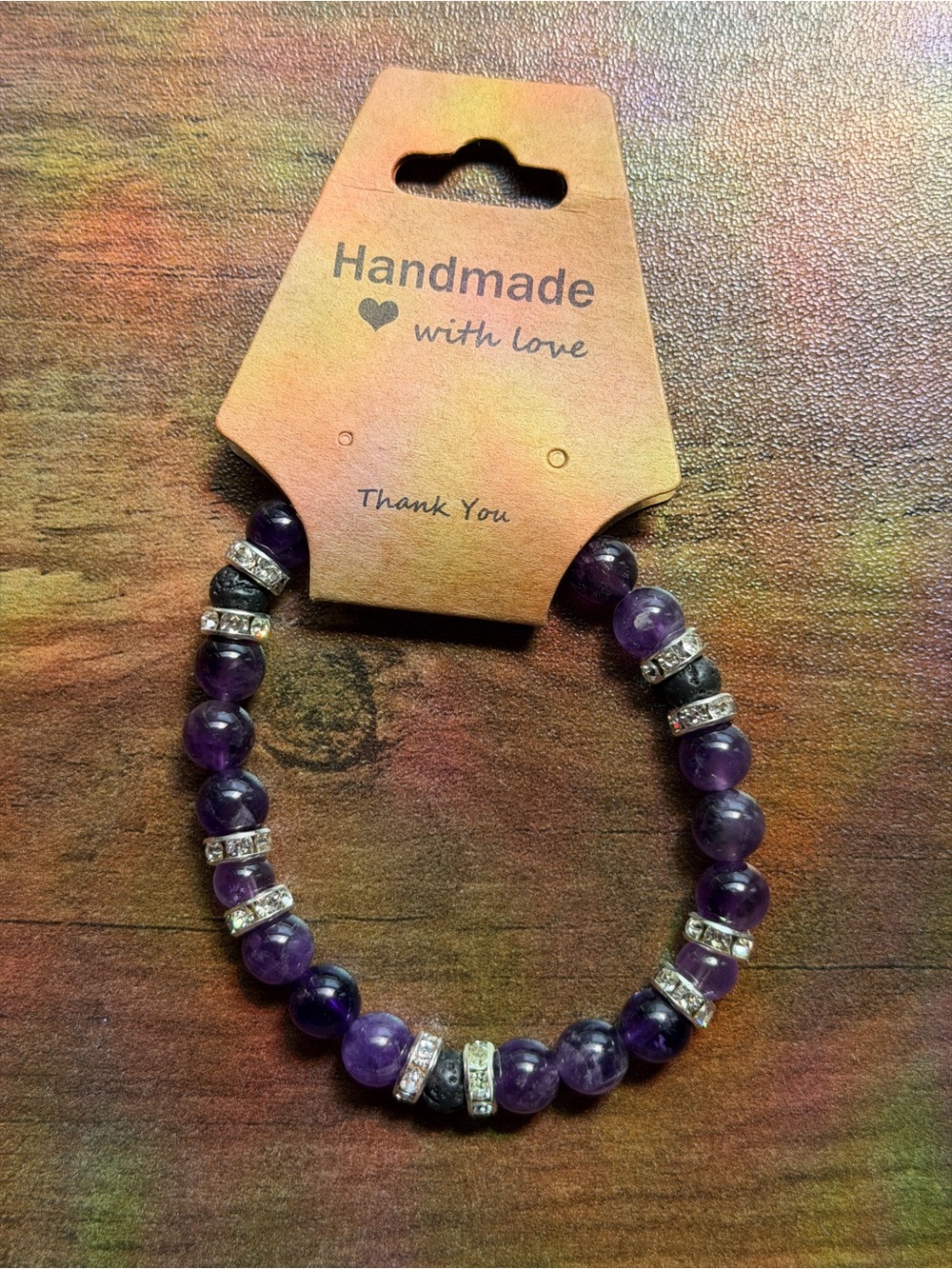 Handmade Amethyst Beaded Stretch Bracelet with Rhinestone Accents
